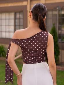 Andrea Bello Women's Summer Vacation Polka Dot Print Slim Fit Asymmetrical Shoulder Top - Coffee Brown - View 2