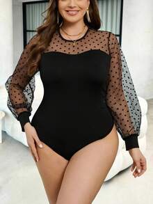 SHEIN CURVE+ 大码女士优雅波点网纱拼接灯笼袖连体衣，适合春、夏、秋季穿着 - 黑色 - 查看 7