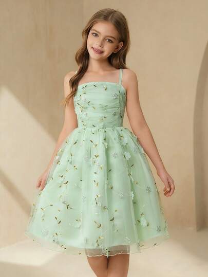 SHEIN Vestido formal elegante de tirantes finos y hombros descubiertos de malla rosa para niñas preadolescentes, adecuado para fiestas de noche, banquetes, actuaciones, cumpleaños, niña de las flores y otras ocasiones
