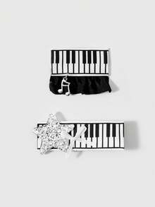 ROMWE Anime 2 Kẹp tóc hình phím đàn piano đen trắng dễ thương, kẹp tóc hình ngôi sao nốt nhạc kiểu retro, kẹp mỏ vịt hình nơ, thiết kế kẹp tóc hình nốt nhạc cho hàng ngày. - Đen bạc - Xem 4