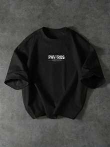 PAVTROS Men's Personality Fashion Letter & Figure Print Round Neck Short Sleeve T-Shirt - Black - View 7