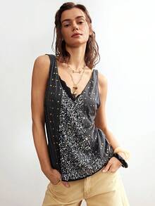Bohemela Boho Spring/Summer Women's Tank Top, Mixed‑Fabric Patchwork Design, Suitable For Going‑Out Outfits, Y2K Style, Casual Commuting Outfit, Valentine's Day Outfit, Women's Vacation Outfit, Music Festival Outfit, Women's Holiday Outfit, Beach Vacation Outfit, Back‑To‑School Outfit, Carnival Costume, Easter Outfit, Women's Summer Outfit, Women's Festival Outfit, American Casual Style.,Summer Top - Dark Grey - View 8