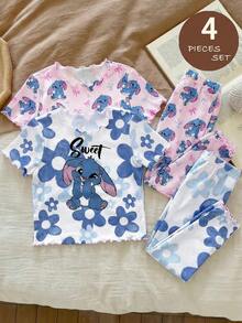 LMoss Kids Ensemble de pyjama à manches longues et pantalon pour jeunes filles, style ballerine, motif floral dégradé rose, imprimé nœud rose, lapin bleu Lulu et Stitch, convient pour l'été, le style streetwear, le style sportif décontracté de campus, le pique-nique en plein air, la sortie, la photographie de rue, la maison, le campus - Multicolore - Voir 5