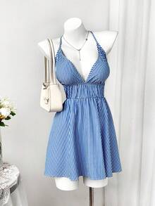 Rustia Plus Size Women Striped Print Halter Backless Casual Vacation Dress - Blue - View 4