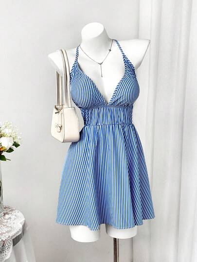 Sweetra Plus Size Women Striped Print Halter Backless Casual Vacation Dress