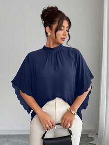 Elenzga Plus Size Women's Round Neck Ruched Sleeve Wavy Hem Loose Blouse, Spring/Summer - Navy Blue - View 1
