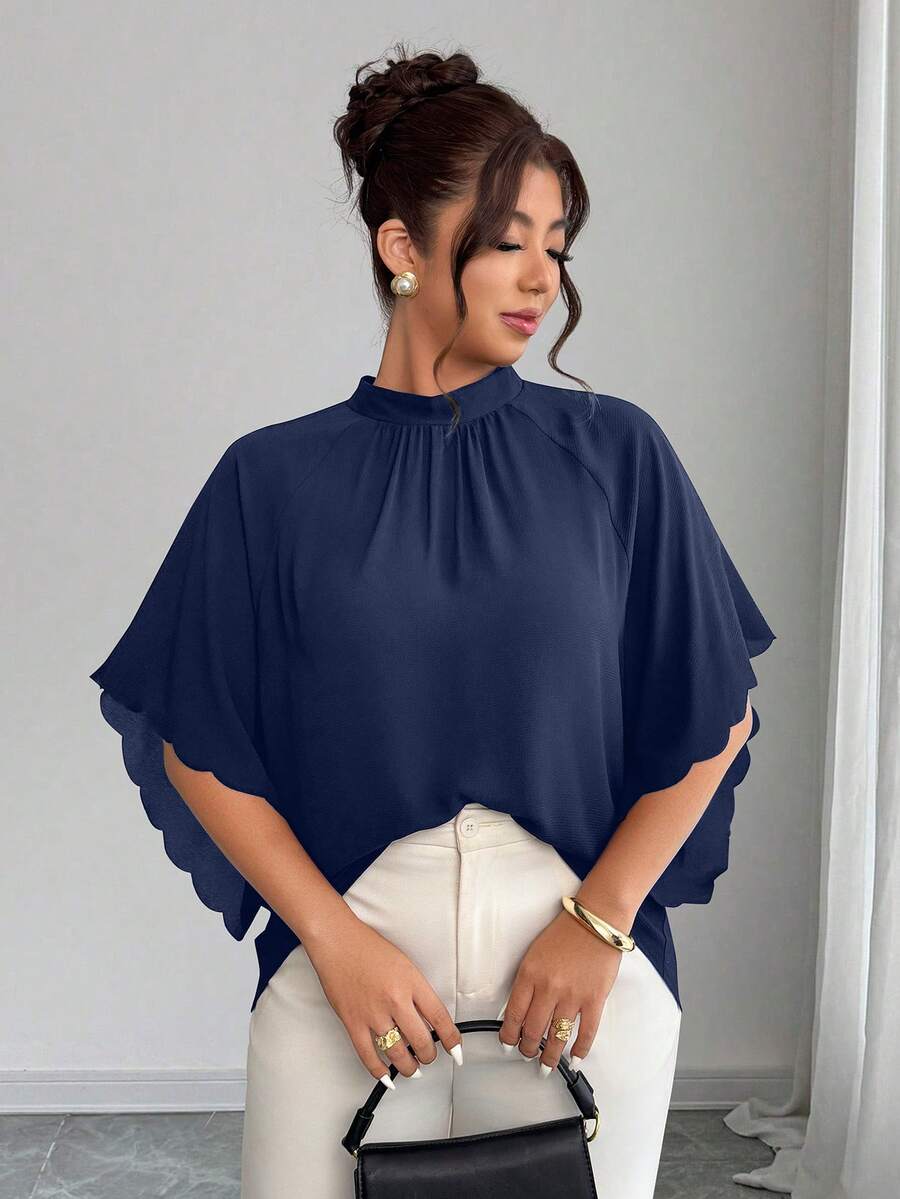Elenzga Plus Size Women's Round Neck Ruched Sleeve Wavy Hem Loose Blouse, Spring/Summer - Navy Blue - View 1