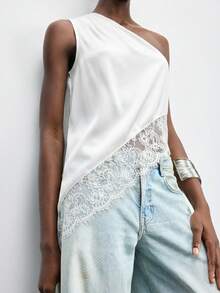 Maija 女士不对称领休闲上衣，无袖纯色褶皱不对称衬衫，适合春季、夏季、初秋穿着，也适合独立日、毕业季等场合。 - 白色 - 查看 4