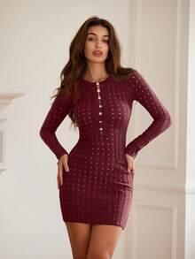EMERY ROSE Robe pull mi-longue élégante noire à col boutonné, taille marquée, coupe slim et sexy, avec manches longues et décolleté dos nu - Rouge - Voir 4