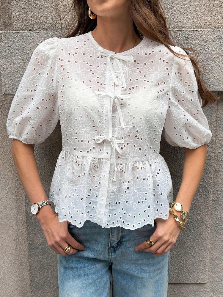 Solivie Women's Vacation Casual Solid Color Hollow Embroidery Lace-Up Shirt  Summer Vacation Outfits Women Going Out Outfits - White - View 7