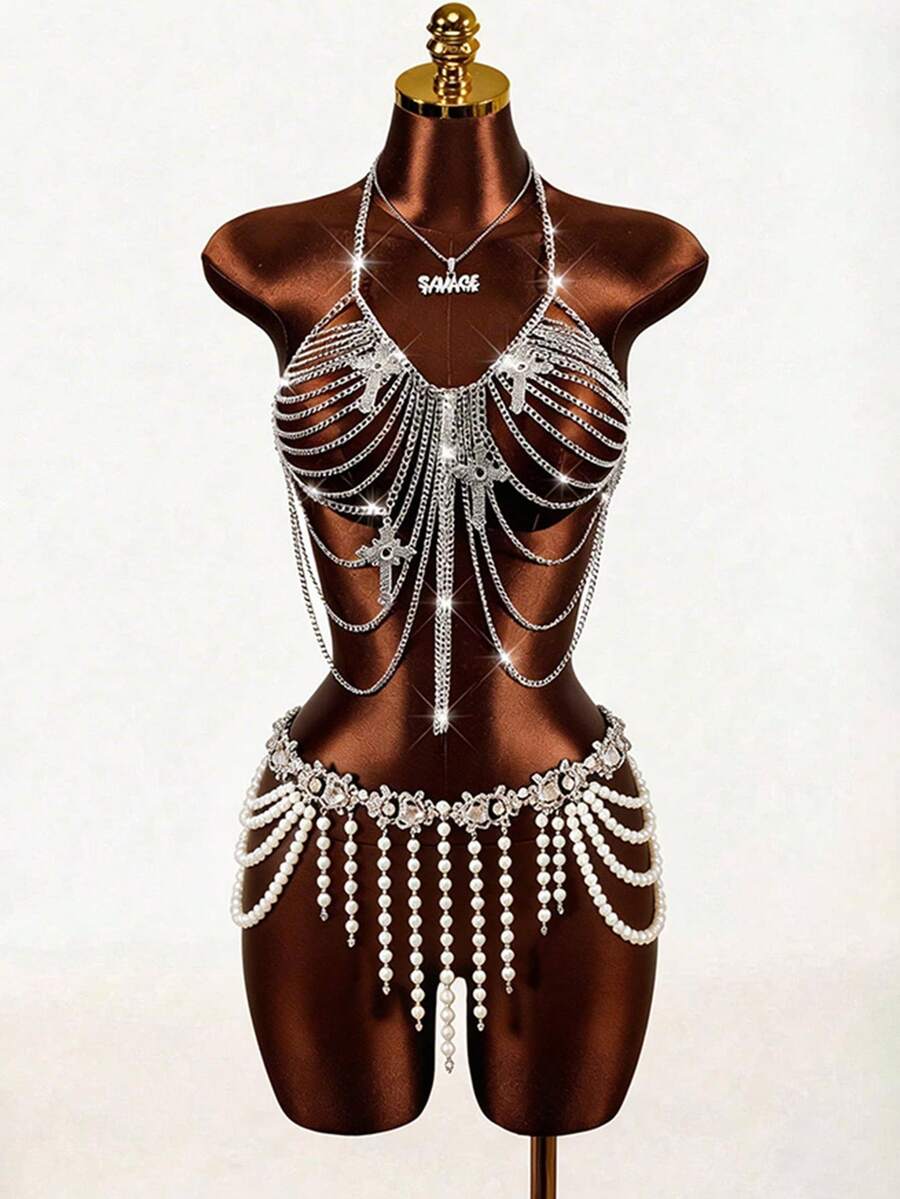 Mistrie 时尚性感链条交叉露背吊带上衣 - 銀色 - 查看 1