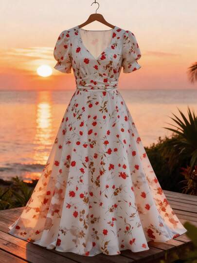 GlowEve 女士红色碎花修身连衣裙，优雅百搭，适合度假、通勤、约会，展现法式街头风、复古风情，适合春夏穿着，白色底色搭配红色碎花图案，新款中长连衣裙