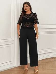 Femmeverse 新款蕾丝薄纱上衣，花卉袖，优雅荷叶边领，针织弹力腰阔腿裤 - 黑色 - 查看 5