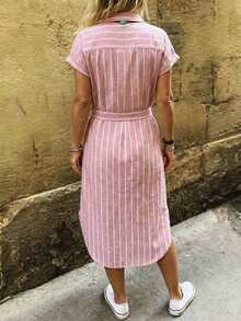 Linavere New Spring/Summer Women's Fashion Elegant Short Sleeve Striped Shirt Dress - Tie-Front Design - Commuter Chic Minimalist Style - Suitable For Daily Wear, Dates, Travels - Pink - View 2