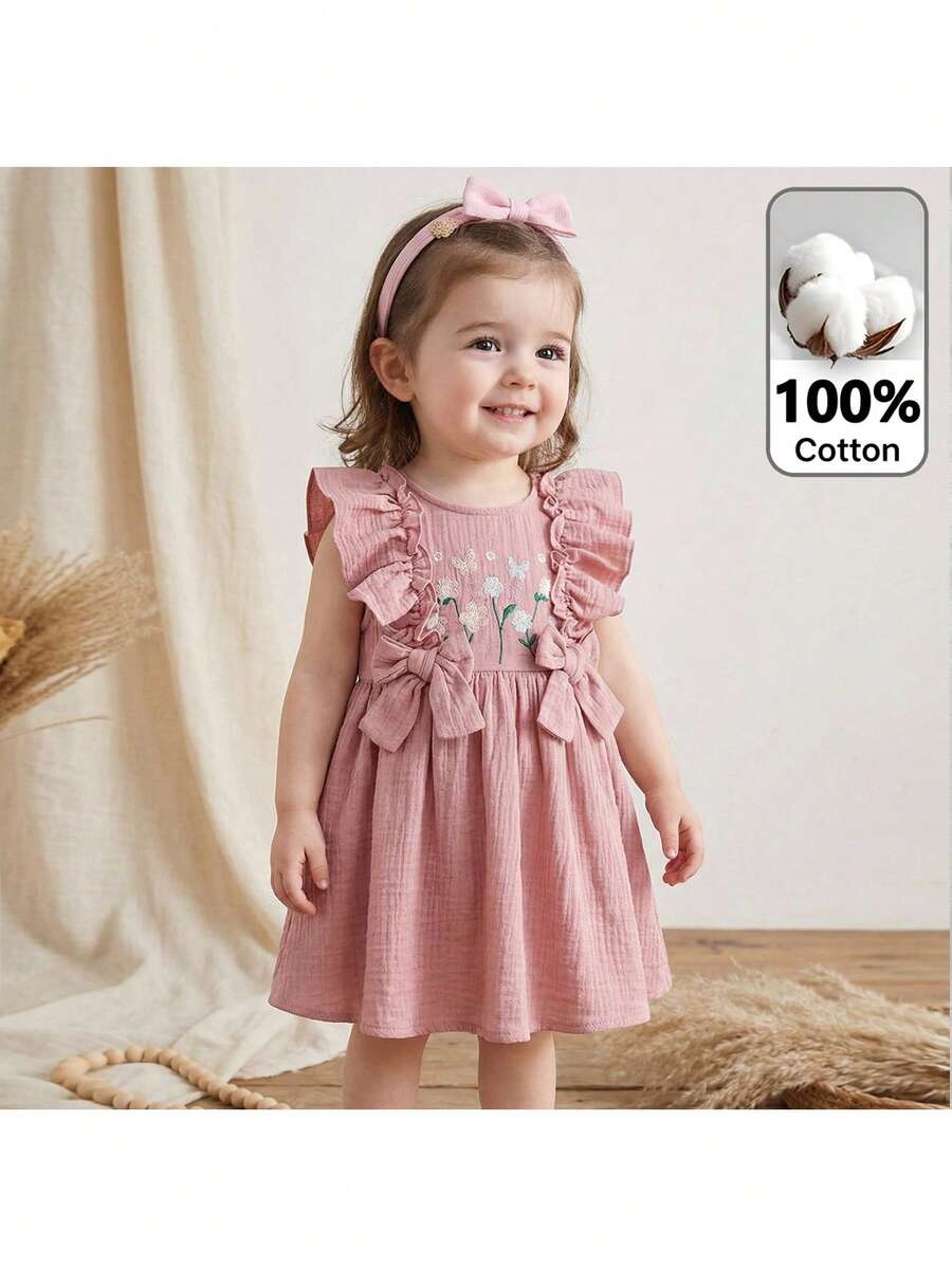 Loomiva Baby Girl Floral Print Round Neck Ruffle Hem Cinched Waist Dress Summer Elegant Baby Dress Baby Girl Ruffle Dress Baby Girl Dusty Pink Dress Toddler Dusty Pink Dress Baby Girl Blush Dress - Pink - View 1