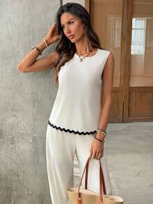 EMERY ROSE 女士休闲圆领背心和裤子两件套 - 杏色 - 查看 8