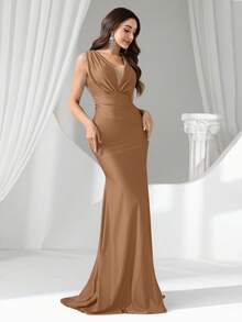 Coutiva 性感深V领弹力高腰不对称褶皱鱼尾晚礼服，适合婚礼、活动、派对、蜜月、伴娘礼服 - 卡其色 - 查看 3