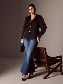 Juhart Plus Size Lantern Sleeve Casual Loose Metal Decor Satin Shirt, Suitable For Commuting, Party, And Dating, Lapel Elegant Shirt - Black - View 5