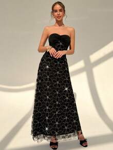 Rafferiza Đầm midi cúp ngực thanh lịch dành cho nữ, thắt nút xoắn, chất liệu lưới, thêu ngọc trai 3D. - màu đen - Xem 5