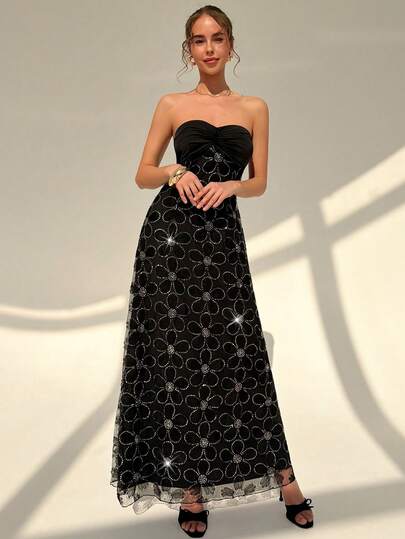 Rafferiza Đầm midi cúp ngực thanh lịch dành cho nữ, thắt nút xoắn, chất liệu lưới, thêu ngọc trai 3D.