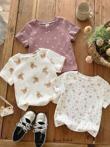 Cozy Pixies 3pcs Baby Girl Cartoon Bear Pattern Knitted Soft Long Sleeve Ruffle Hem Pullover Outfit Set Baby Summer Tops Baby Girl Tops Earth Tone - Multicolor - View 1