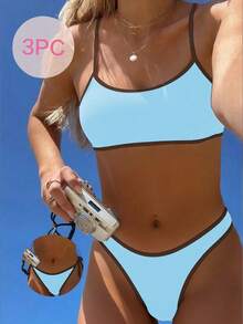 Swim Vcay Conjunto de 3 piezas para mujer 2025 con traje de baño tipo tankini de unicolor con tirantes finos y sin aros - Azul - Ver 4