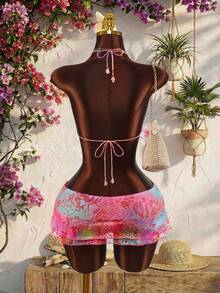 Amplova 女士两件套，带胸罩罩杯细节，新款豹纹和花卉印花，粉色花卉图案，性感前卫，适合度假穿着，饰有串珠配饰，抽绳下摆迷你裙，性感套装 - 粉色 - 查看 3