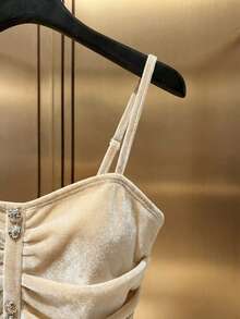 Franclia New Arrival Spring/Summer Fashionable & Sweet Design Velvet Glossy Camisole Pleated Button Women T-Shirt - Apricot - View 3