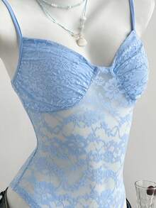 Flirla Women's Casual Summer Vacation Blue Sheer Sexy Lace Bodysuit Tops For Women Summer Cute Lace Cami - Baby Blue - View 5