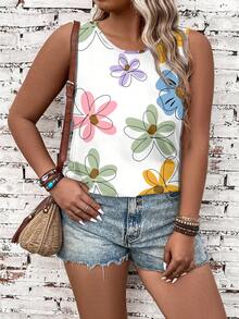 EMERY ROSE Casual Dopamine Flower Print Round Neck Tank Top, Plus Size For Women, Suitable For Summer - Multicolor - View 9