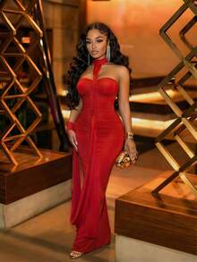 Slaydiva Elegant Lady Party Birthday Bar Nightclub Date Sisters Gathering Sexy Valentine's Day New Year Festival Party Banquet Ball High-End Design Red Halter Backless Long Tight Bodycon Dress For Women - Fiery Red - View 4