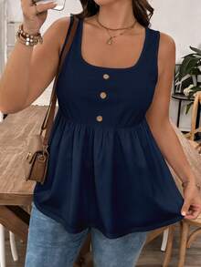 SHEIN LUNE Áo tank top nữ cỡ lớn, màu trơn, thiết kế cài nút, viền bèo nhún, kiểu dáng thường ngày, thích hợp cho mùa hè. - Màu xanh hải quân - Xem 3