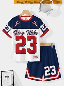 青少年男童休闲简约时尚 Y2K 街头运动衫，经典学院风，23 号图案，美式复古，宽松舒适简约圆领短袖 T 恤和短裤套装 - 彩色 - 查看 3