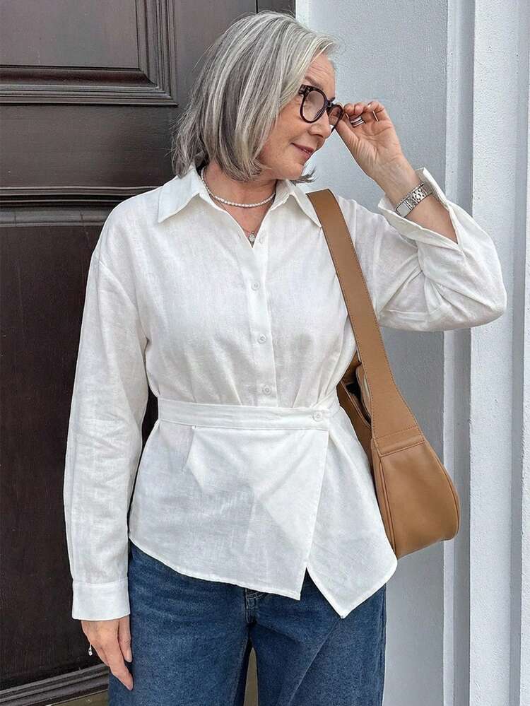 Women's Lapel Long Sleeve Loose Striped Fabric Patchwork Wrap Style Casual Elegant Shirt