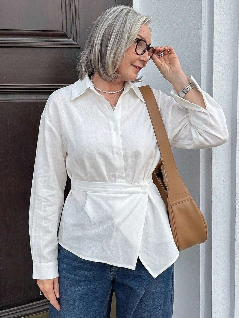 Women's Lapel Long Sleeve Loose Striped Fabric Patchwork Wrap Style Casual Elegant Shirt