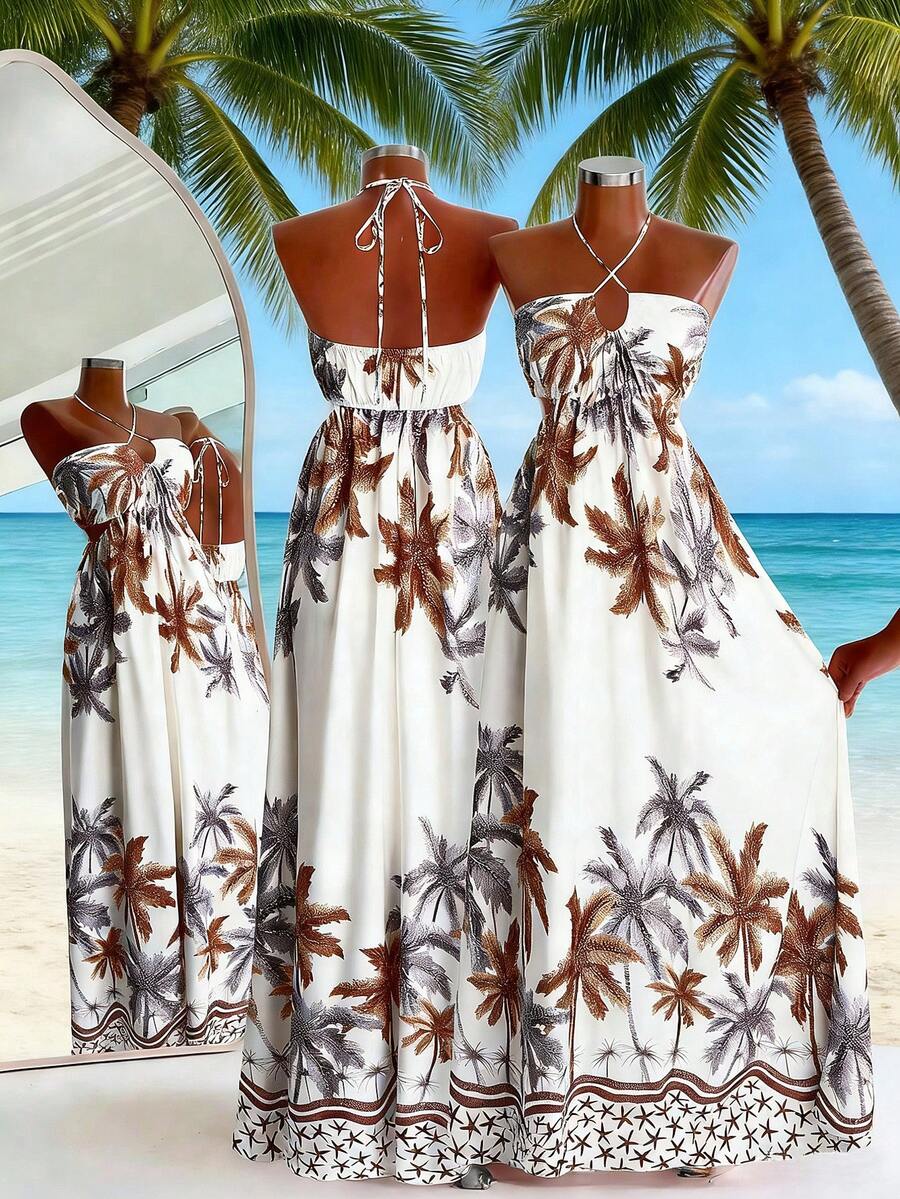 Flirla SunnyBelle Plus Size Women Spaghetti Strap Ruched Bodice Tropical Shell Print White Blue,Summer Boho Casual Vacation Holiday Palm Tree Sundress - Multicolor - View 1