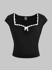 SHEIN 少女休闲简约度假风方领蕾丝边饰蝴蝶结装饰褶皱袖修身纯色针织T恤，春夏款 - 黑色 - 查看 6