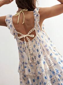 Bohemela Women's Chiffon Printed Ruffle Hem Camisole For Spring/Summer Vacation - Blue - View 2