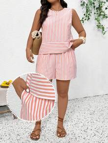 SHEIN Frenchy 大码女式条纹吊带背心和短裤两件套，休闲度假装 - 紅色 - 查看 7