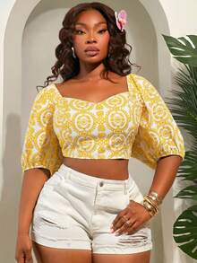 SHEIN SXY 大码女装春夏新款V领泡泡袖度假休闲波西米亚热带植物蓝色印花交叉系带露背泡泡袖短款杏色上衣，适合日常穿着、音乐节、演唱会、狂欢派对、海滩度假、约会之夜、生日、单身派对、夜店、休闲、购物、街头风、外出等场合，易于搭配，显瘦，凸显身材，修饰身形。 - 黃色 - 查看 5