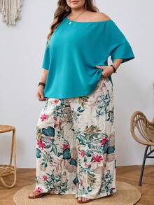 SHEIN CURVE+ Bộ đồ 2 mảnh dành cho nữ cỡ lớn, gồm quần in họa tiết ngẫu nhiên và áo kiểu lệch vai màu xanh lá cây, thích hợp cho dịp thường ngày hoặc đi nghỉ mát. - màu xanh lá - Xem 6