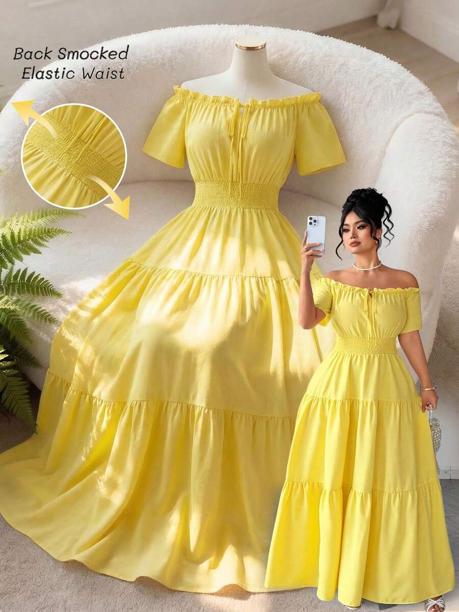 Elenzga Gaun Lengan Pendek Wanita Ukuran Besar Elegan dengan Karet Elastis dan Pinggang Terbuka, Musim Semi/Panas - Kuning - View 1