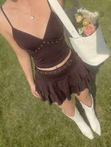 SHEIN MOD 女士夏季休闲纯色吊带背心和迷你裙两件套 - 咖啡棕 - 查看 2