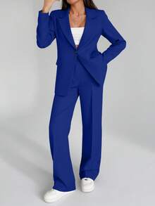EURMUSE Women Solid Color Two Pieces Outfits Sets Blazer Jacket And Pants - Royal Blue - View 6