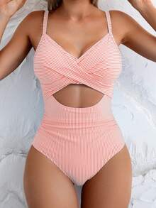 SHEIN Swim Áo tắm liền thân gợi cảm dành cho nữ, kẻ sọc, khoét eo phía trước, buộc dây phía sau, thích hợp cho mùa hè. - Nhiều màu - Xem 3