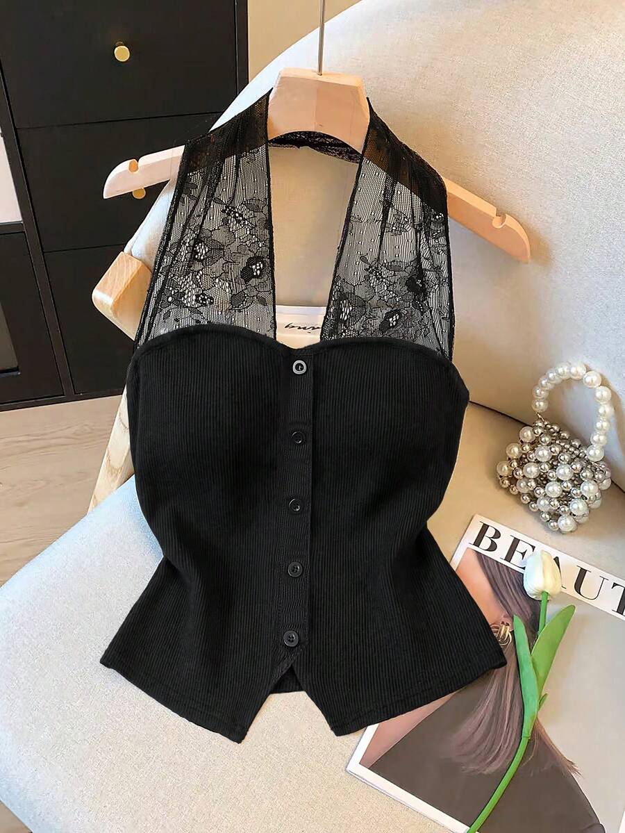 GlowEve CURVE Plus Size Lace Halter Neck Camisole, Ribbed Button Front Design, Slimming Fit, Sleeveless Black Top, Suitable For Daily Wear/Party/Vacation - Black - View 1