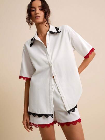LOTSLUV Women's Ivory White, Black And Red Lace Trim Casual Loose Shirt And Shorts 2 Pieces Set, Spring/Summer,Women's Two Piece Sets,Two-Piece Suit For Women,Summer Outfits For Women 2 Piece,