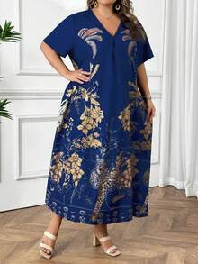 SHEIN CURVE+ Đầm cỡ lớn kiểu dáng thường ngày in họa tiết da báo và hoa - Màu xanh lam - Xem 4