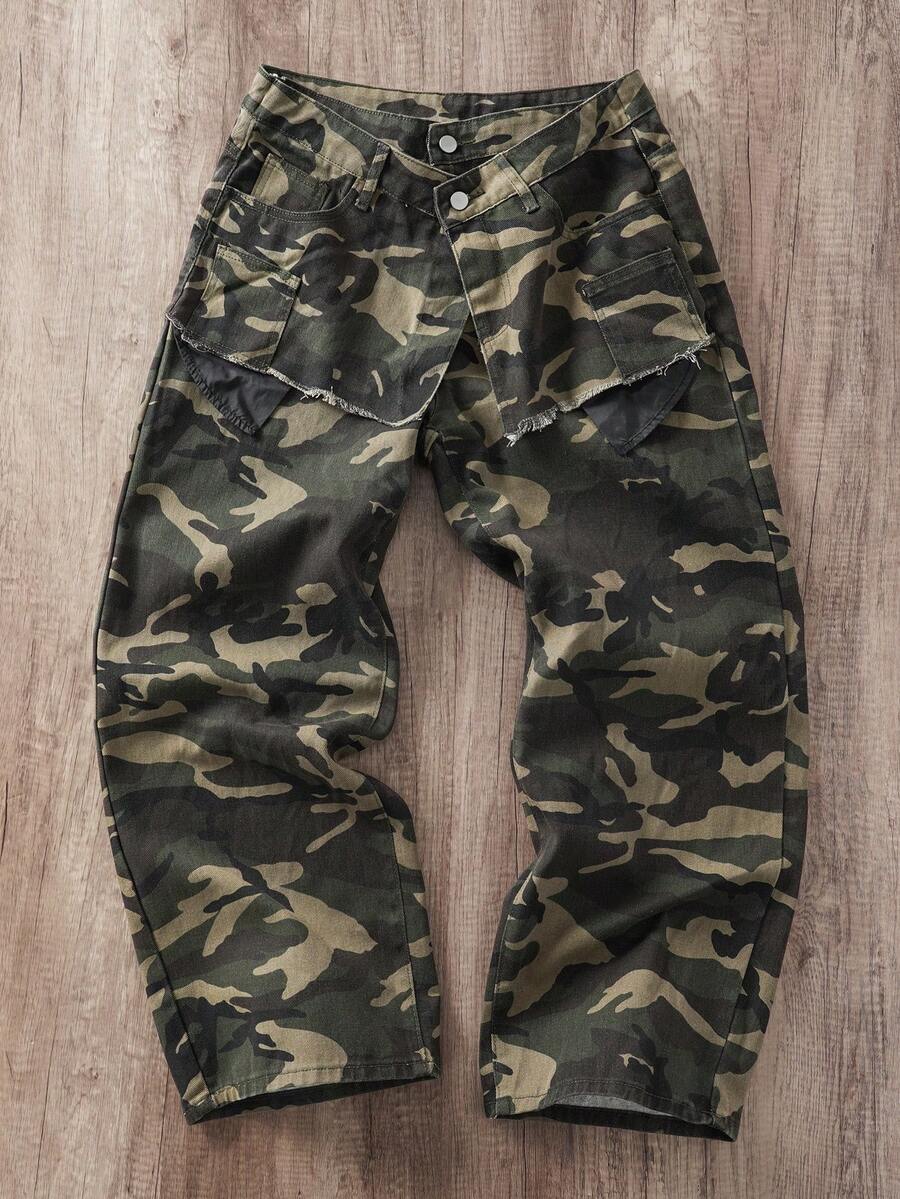 Manfinity Joysei Street Fashion Camouflage Niche Design Double Waistband Pocket Loose Wide-Leg Jeans - Army Green - View 1