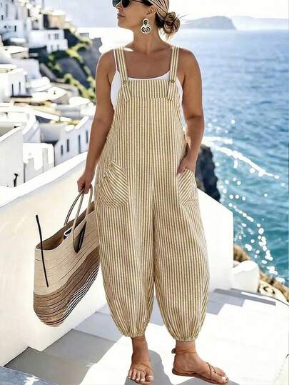 EMERY ROSE Plus Size Women's Elegant Striped Pocket Drawstring Jumpsuit, Suitable For Work, Spring/Summer Boho Jumpsuit For Women Pants Rompers For Women Casual Jumpsuits For Woman Romper Pants Jumpsuits Summer Pants Sets